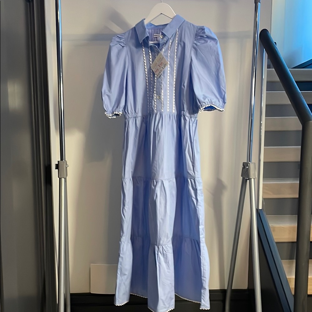 Blue Puff Sleeve Midi Dress